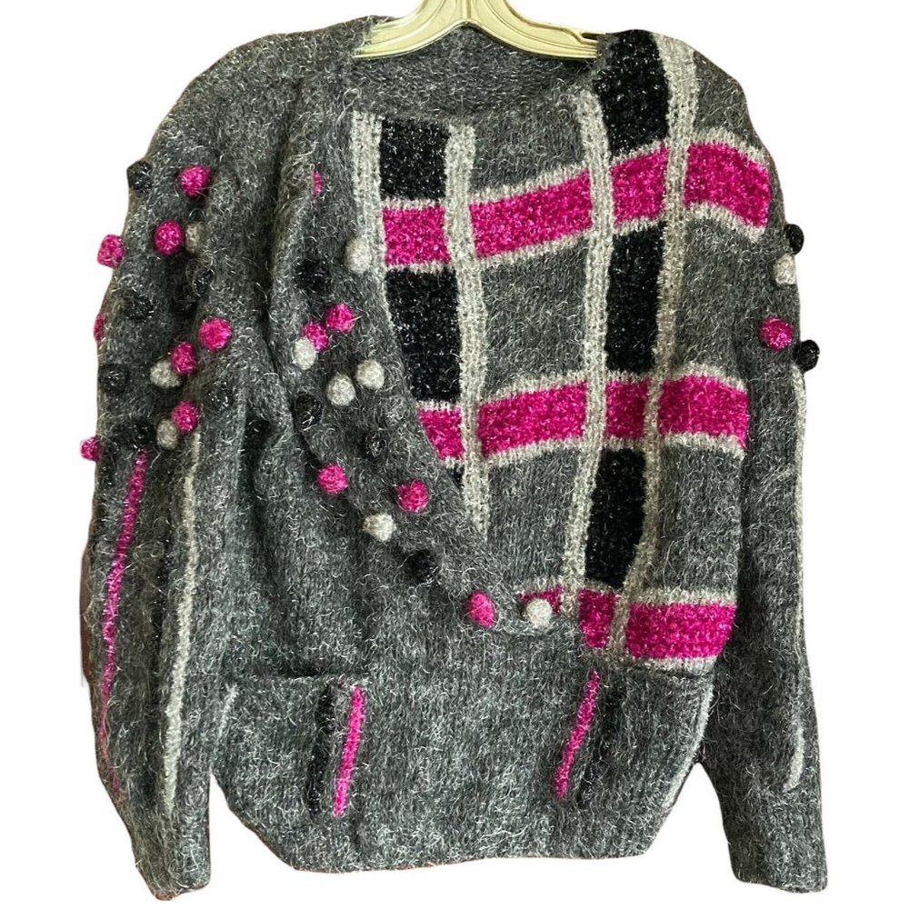 Vintage Mohair Lana Poliam Ornatr Gray Pink Black Sweater sz Small Art To Wear